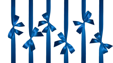 Realistic blue bow with vertical blue ribbons isolated on white. Element for decoration gifts, greetings, holidays. Vector illustration.のイラスト素材