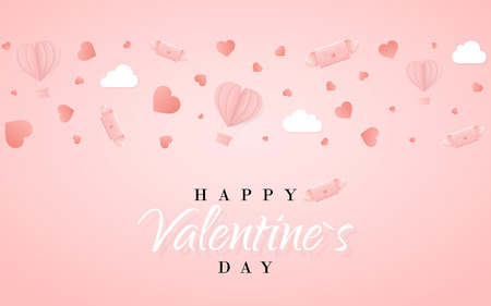 Happy valentines day invitation card template with origami paper hot air balloon in heart shape, paper letter, white clouds and confetti. Pink background. Vector illustration.のイラスト素材