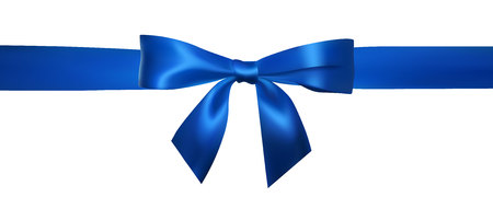 Realistic blue bow with horizontal blue ribbons isolated on white. Element for decoration gifts, greetings, holidays. Vector illustration.のイラスト素材