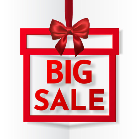 Big sale. Bright holiday gift box frame banner hanging with red ribbon and silky bow on white background. Vector illustration.のイラスト素材