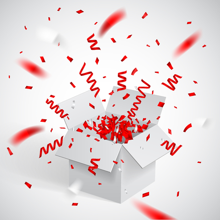 Open white Gift Box and Confetti. Christmas and Valentine Background. Vector Illustration.のイラスト素材