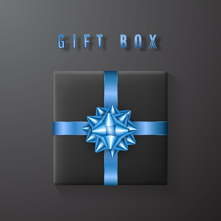 Black gift box with blue bow and ribbon top view. Element for decoration gifts, greetings, holidays. Vector illustration.のイラスト素材