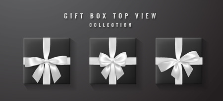 Black gift box with white, silver bow and ribbon top view. Element for decoration gifts, greetings, holidays. Vector illustration.のイラスト素材
