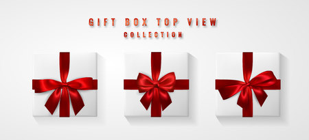 Set White Gift box with red bow and ribbon top view. Element for decoration gifts, greetings, holidays. Vector illustration.のイラスト素材