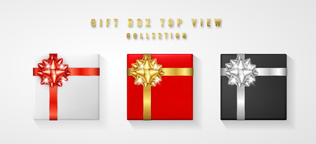 Set Gift box with bow and ribbon top view. Element for decoration gifts, greetings, holidays. Vector illustration.のイラスト素材