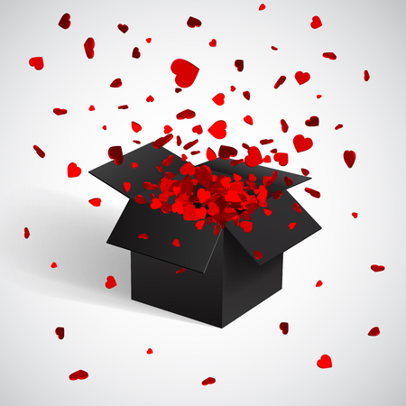 Open Black Gift Box and Heart Confetti. Christmas and Valentine Background. Vector Illustration.のイラスト素材