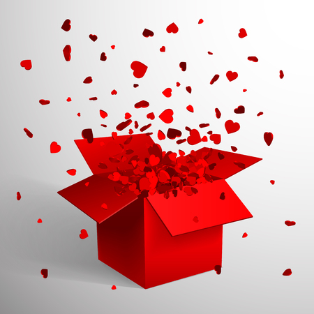 Open Red Gift Box and Heart Confetti. Christmas and Valentine Background. Vector Illustration.のイラスト素材