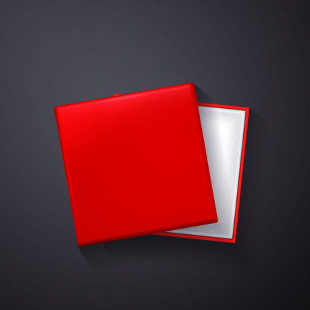 Open Red empty gift box on dark background. Top view. Template for your presentation, banner or poster. Vector illustration.のイラスト素材