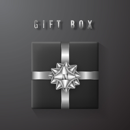 Black gift box with white, silver bow and ribbon top view. Element for decoration gifts, greetings, holidays. Vector illustration.のイラスト素材