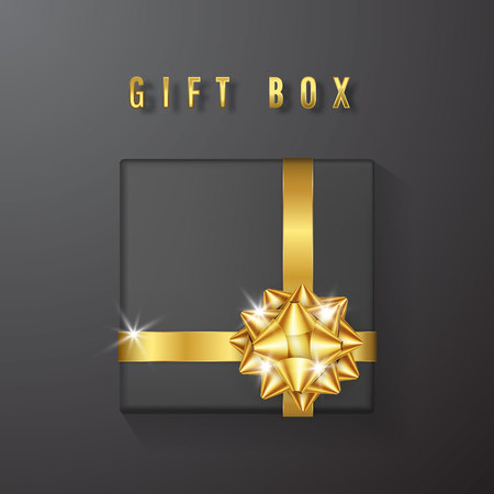 Black gift box with golden bow and ribbon top view. Element for decoration gifts, greetings, holidays. Vector illustration.のイラスト素材