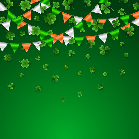 Saint Patrick's Day Border with Green Four and Tree 3D Leaf Clovers with Flags Garland. Irish Lucky and success symbols. Vector illustration.のイラスト素材