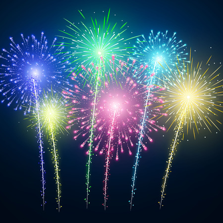 Fireworks. Festival colorful firework. Vector llustration on blue background.のイラスト素材