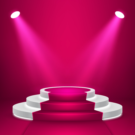 Round stage podium with light. Stage vector backdrop. Festive podium scene with red carpet for award ceremony. Vector illustration.のイラスト素材