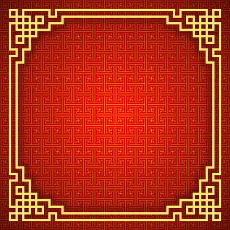 Chinese seamless pattern with frame and shadow. Red and golden chinese traditional ornament background. Vector illustration.のイラスト素材