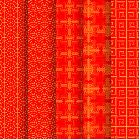Set Chinese seamless pattern. Red and golden chinese traditional ornament background. Vector illustration.のイラスト素材