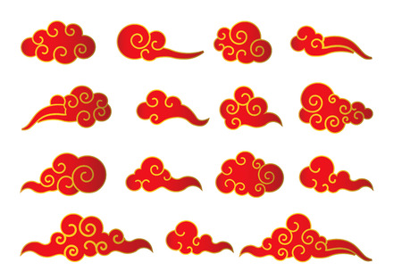 Cloud in Chinese style. Abstract red and gold cloudy set isolated on white background. Vector illustration.のイラスト素材
