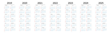 Mockup Simple calendar Layout for 2019 to 2025 years. Week starts from Sunday.のイラスト素材