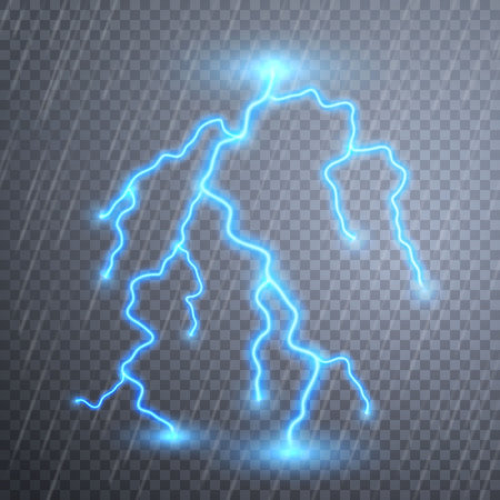 Realistic lightnings with transparency for design. Thunder-storm and lightnings. Magic and bright lighting effects. Vector illustration.のイラスト素材