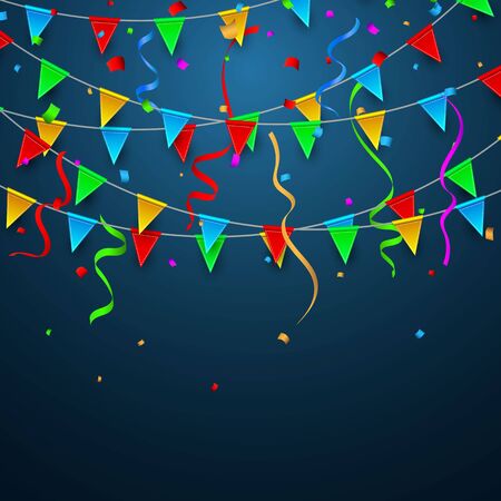 Colorful confetti. Celebration carnival. Party background with flags. Luxury greeting card. Vector illustration.のイラスト素材