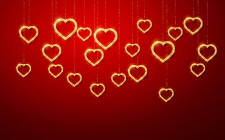 Gold handing shiny glitter glowing heart isolated on red background. Valentines Day background. Vector illustration.のイラスト素材