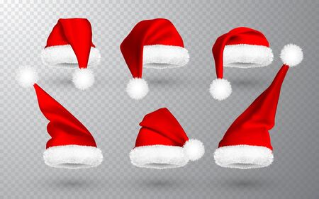 Red Santa Claus hat isolated on transparent background. Gradient mesh Santa Claus cap with fur. Vector illustration.のイラスト素材