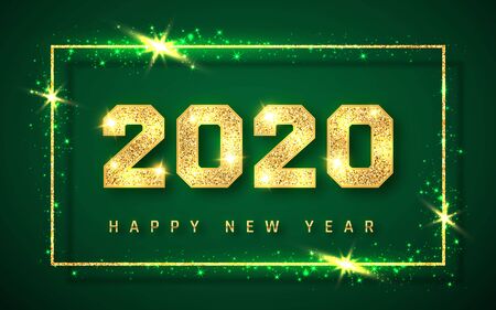 Happy New Year 2020, gold shiny glitter glowing numbers design of greeting card, Vector illustration.のイラスト素材