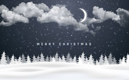 Christmas night background with clouds, moon and falling snow. Winter landscape. Vector illustration.のイラスト素材