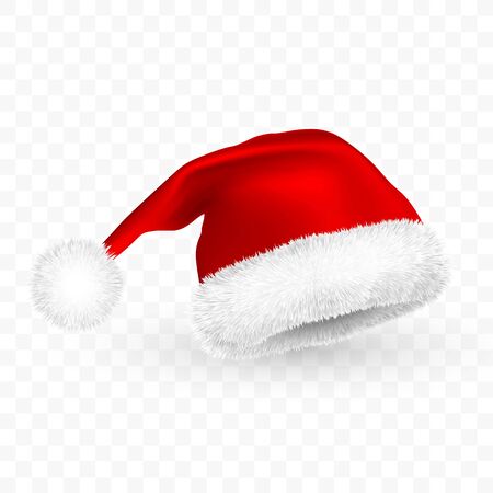 Red Santa Claus hat isolated on transparent background. Gradient mesh Santa Claus cap with fur. Vector illustration.のイラスト素材