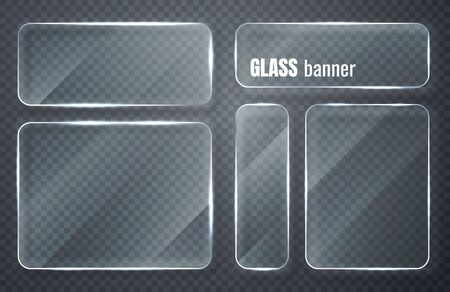 Glass plates set. Glass banners on transparent background. Flat glass clear window. Vector illustration.のイラスト素材