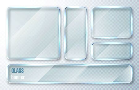 Glass plates set. Glass banners on transparent background. Flat glass clear window. Vector illustration.のイラスト素材
