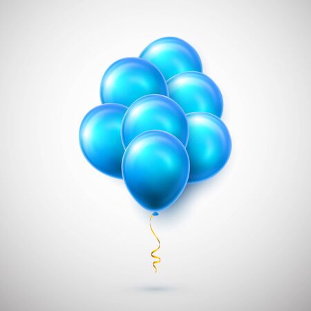 Flying bunch of blue balloon with shadow. Shine helium balloon for wedding, Birthday, parties. Festival decoration. Vector illustration.のイラスト素材