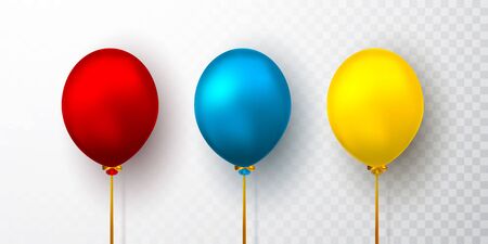 Realistic yellow, red and blue balloons on transparent background with shadow. Shine helium balloon for wedding, Birthday, parties. Festival decoration. Vector illustration.のイラスト素材