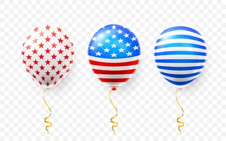 Helium balloons with American flag isolate on white background. Shine USA helium balloon festival decoration. Vector illustration.のイラスト素材