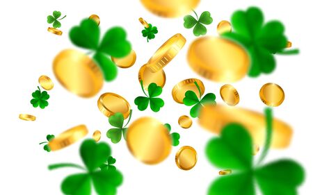 Saint Patrick's Day Border with Green Four and Tree Leaf Clovers and gold coins on White Background. Irish Lucky and success symbols. Vector illustration.のイラスト素材