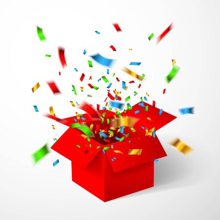 Open Red Gift Box and Confetti. Christmas Background. Vector Illustration.のイラスト素材