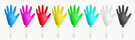 Realistic colorful medical latex glove balloon. Shine helium balloon made from medical latex glove. Vector illustration.のイラスト素材