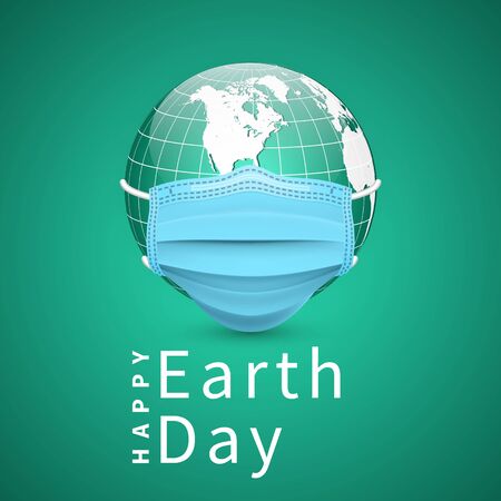 Happy Earth Day. Earth globe in medical face mask. World map set. Vector Illustration.のイラスト素材