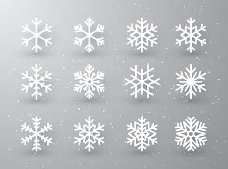 Snowflake winter set of white isolated icon silhouette on white gray background. Vector illustration.のイラスト素材