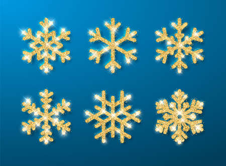Shining gold glitter glowing snowflakes on blue background. Christmas and New Year decoration. Vector illustration.のイラスト素材