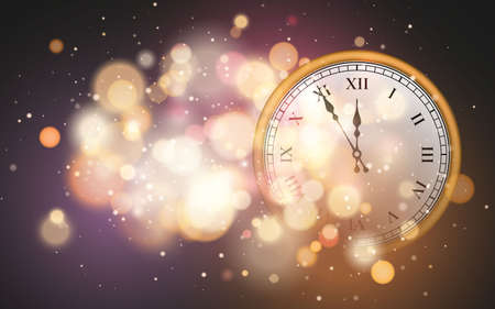 New Year poster with old circle clock and bright bokeh effect. Festive magic luminous background. Holiday design for Christmas. Vector illustration.のイラスト素材
