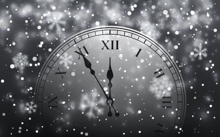 New Year poster with clock and Christmas snow. Falling snowflakes on dark background. Snowfall. Vector illustration.のイラスト素材