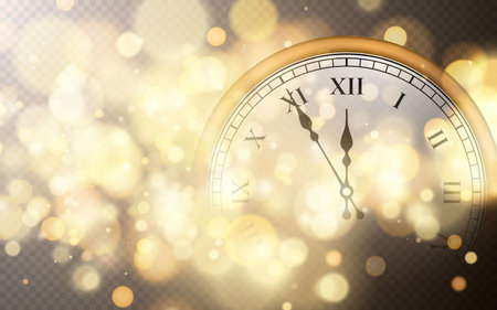 New Year poster with old circle clock and bright bokeh effect. Festive magic luminous background. Holiday design for Christmas. Vector illustration.のイラスト素材