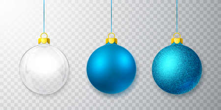 Blue shiny glitter glowing and transparent Christmas balls. Xmas glass ball. Holiday decoration template. Vector illustration.のイラスト素材