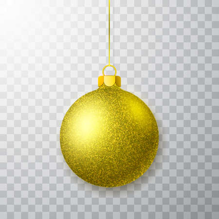 Golden shiny glitter glowing Christmas ball. Xmas glass ball. Holiday decoration template. Vector illustration.のイラスト素材