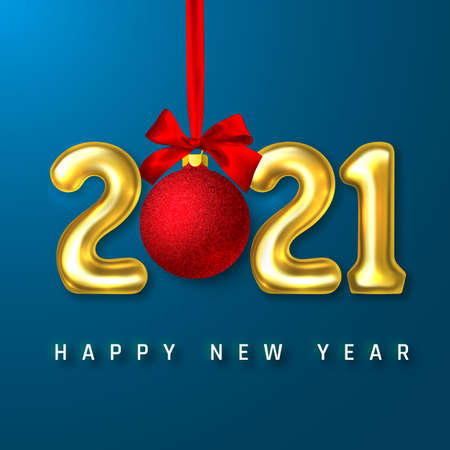 Happy New Year 2021 cover. Golden helium balloon numbers 2021 and xmas ball with red bow and confetti on blue background. Vector illustration.のイラスト素材