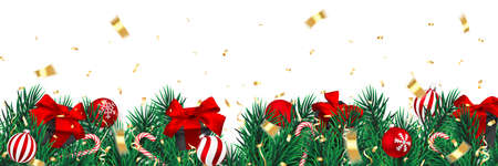 Festive Christmas or New Year Background. Christmas Tree Branches with confetti and xmas gift. Holiday Background. Vector illustration.のイラスト素材