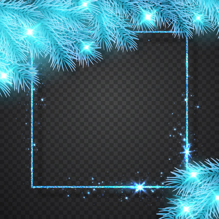 Christmas blue spruce branches. blue shiny glitter glowing vintage frame with shadows. Vector illustration.のイラスト素材