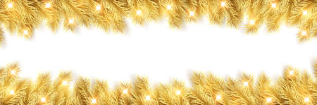 Festive New Year Background. Christmas gold spruce branches. Holiday's Background. Vector illustration.のイラスト素材