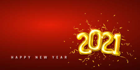 Happy New Year 2021 cover. Golden helium balloon numbers 2021 and confetti on red background. Vector...