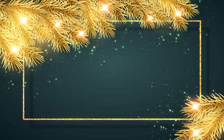 Christmas gold spruce branches. Gold shiny glitter glowing vintage frame with shadows. Vector illustration.のイラスト素材